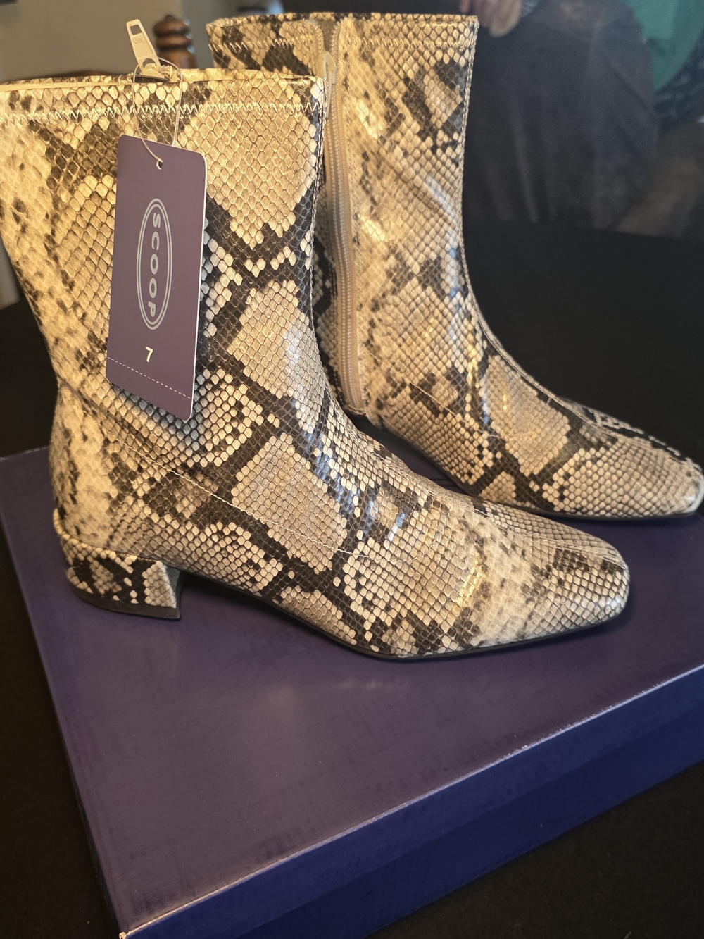 NWT Boho Snake-Print Ankle Boots in Beige Black